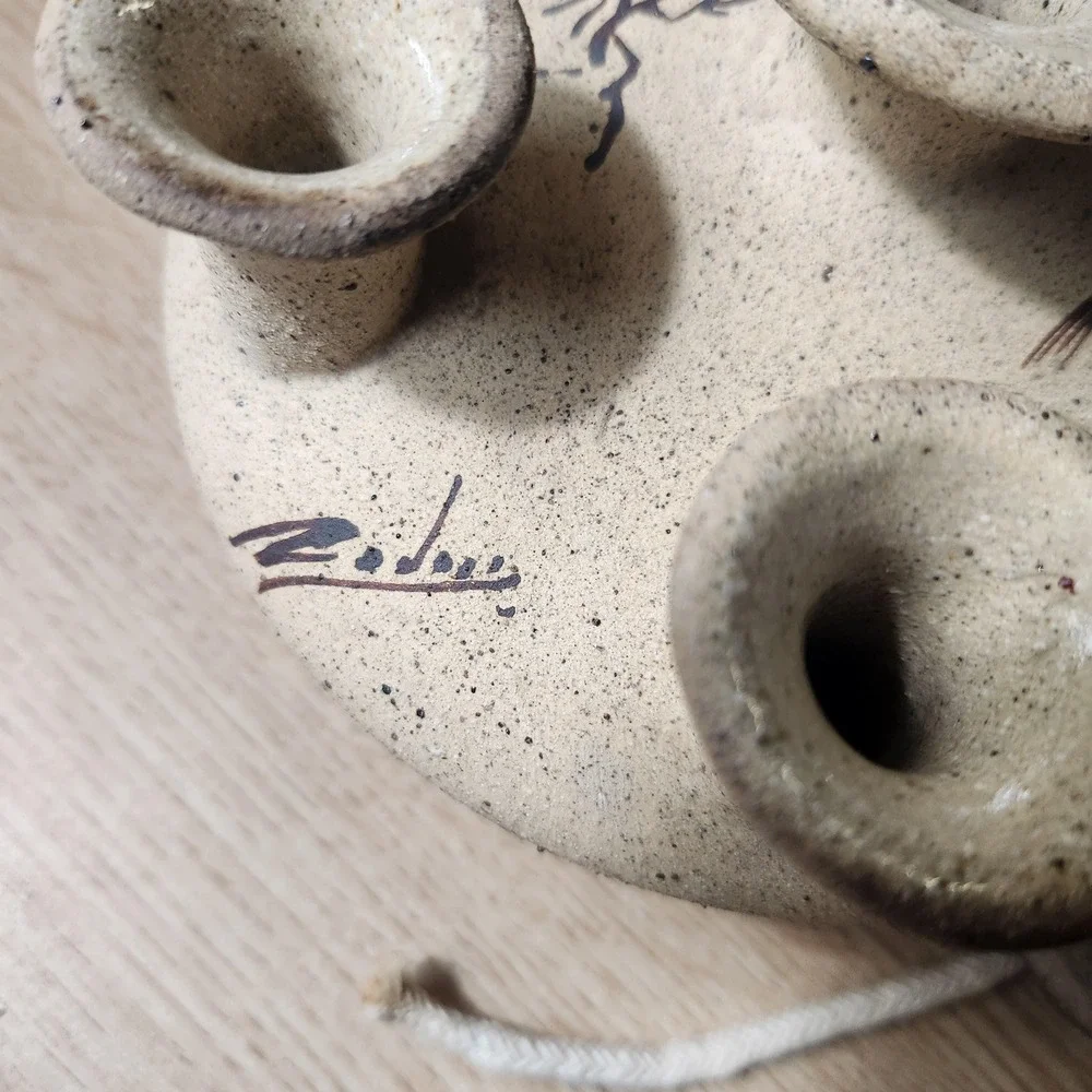 Vintage 3 Chimney Clay Oil Lamp‎ Signed By Artist.